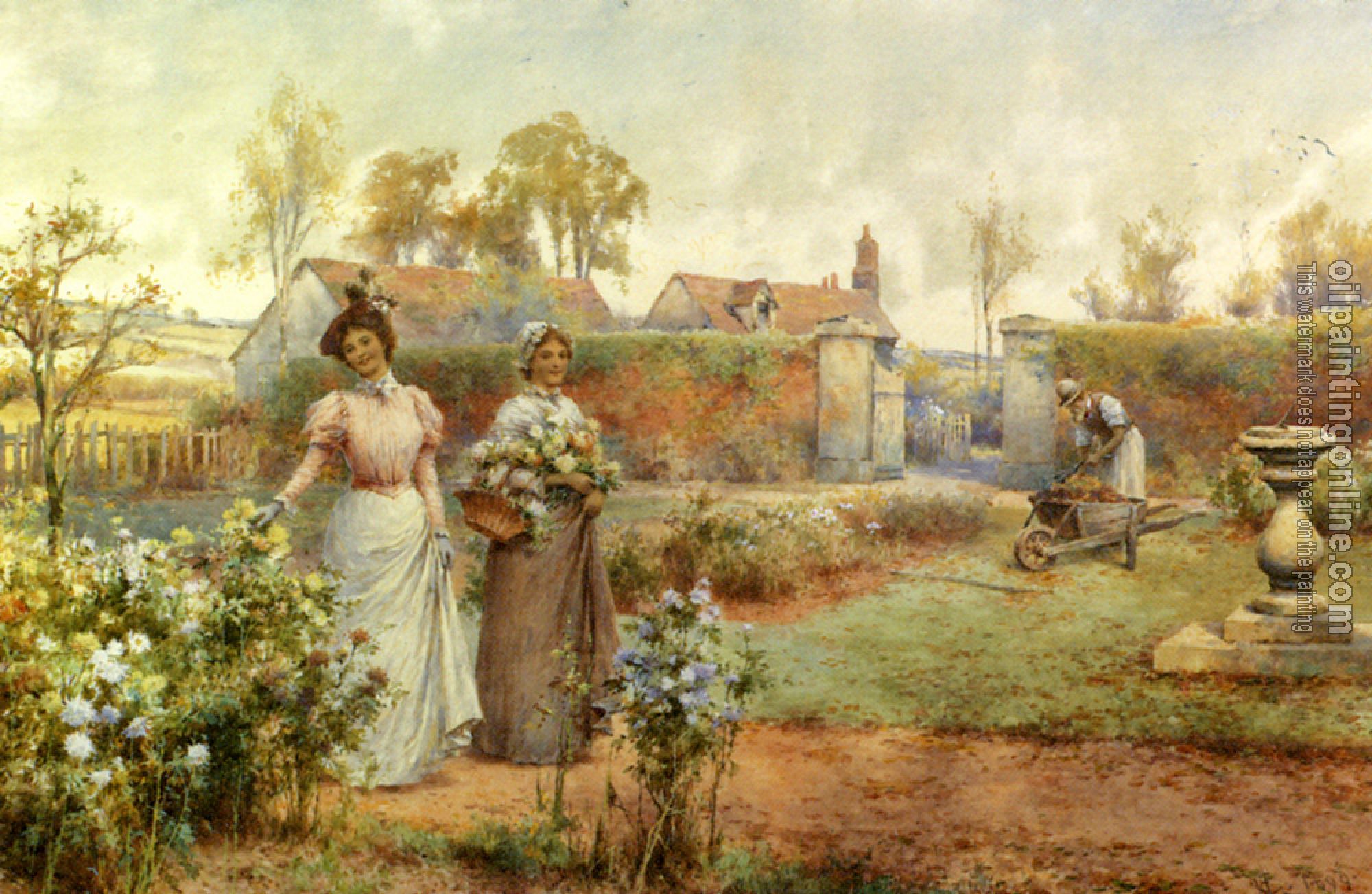 Glendening, Alfred - A Lady And Her Maid Picking Chrysanthemums